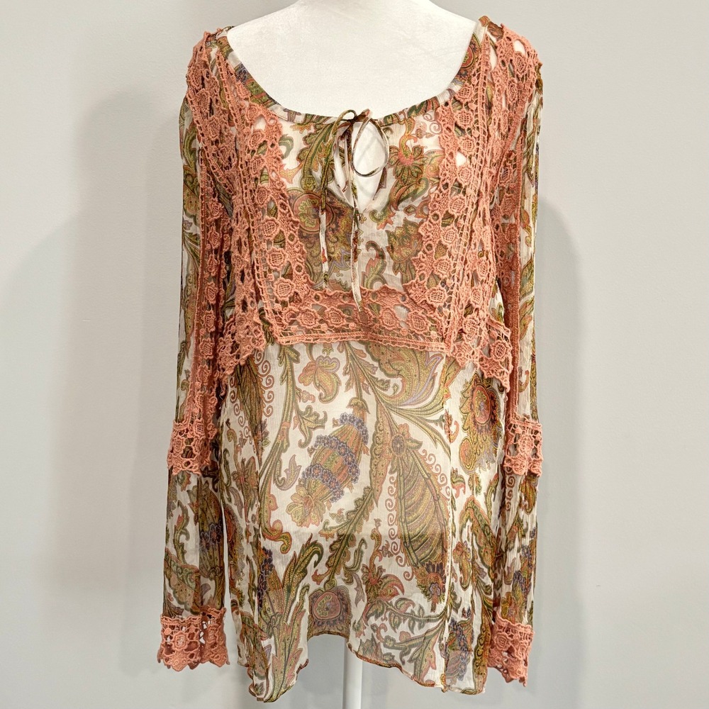 Sundance Womens Silk Top XL Paisley Crochet Trim Sheer Boho Fairy Romantic 20598